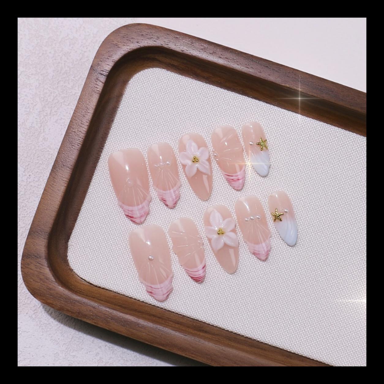 Floral Almond Handmade 10pcs Press on Nails, French Tip, Embossed Flower