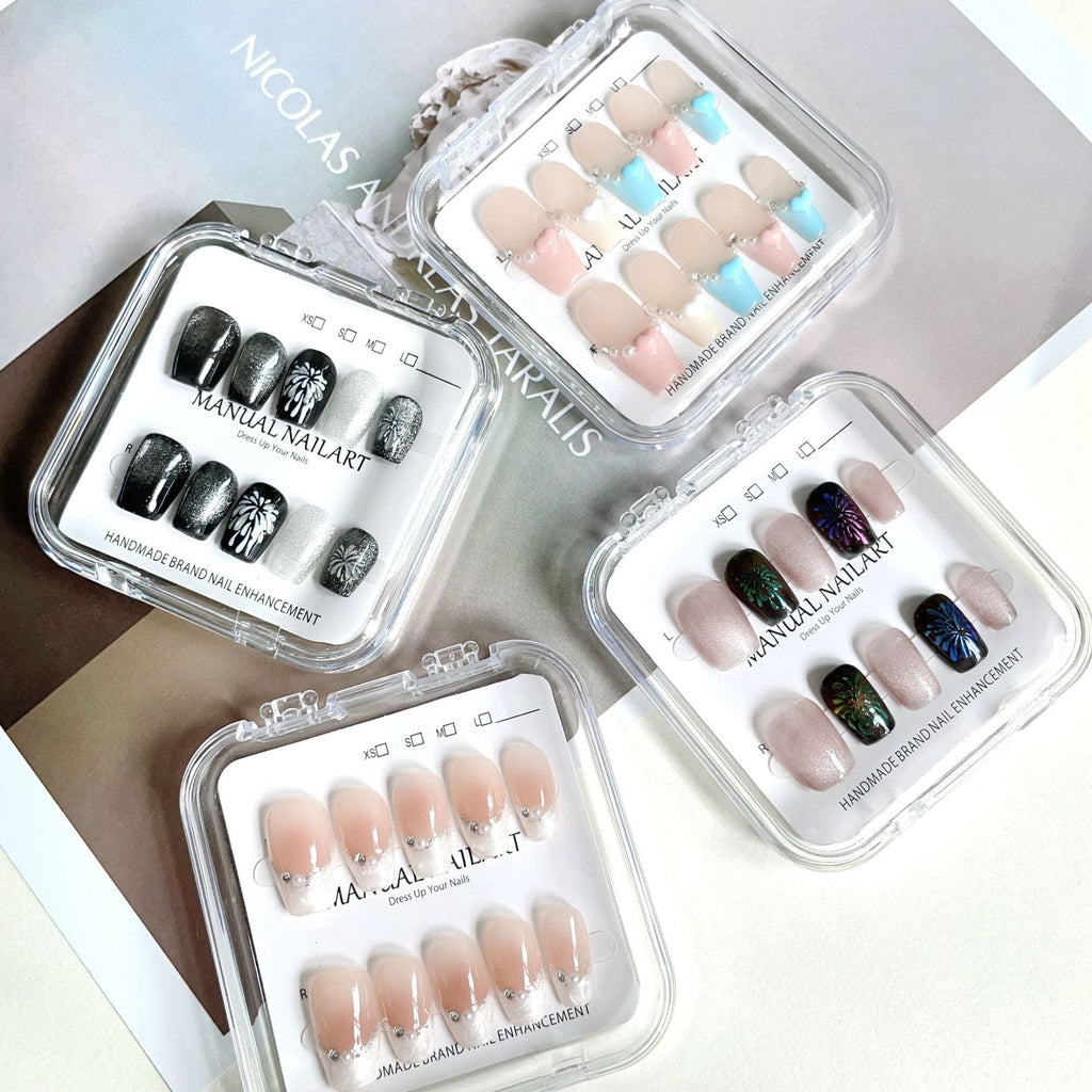 Short Square Handmade 10pcs Press on Nails with Cat Eye Effect